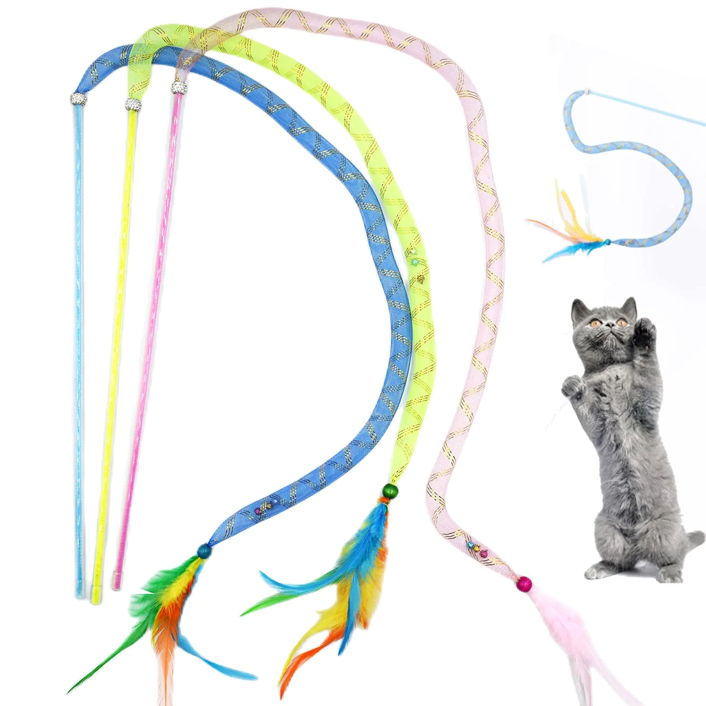 IUHKBH Cat Wands 3 PCS Interactive Cat Teaser Wands Soft Line Tube Cat Toys Colorful Cat Feather Toys