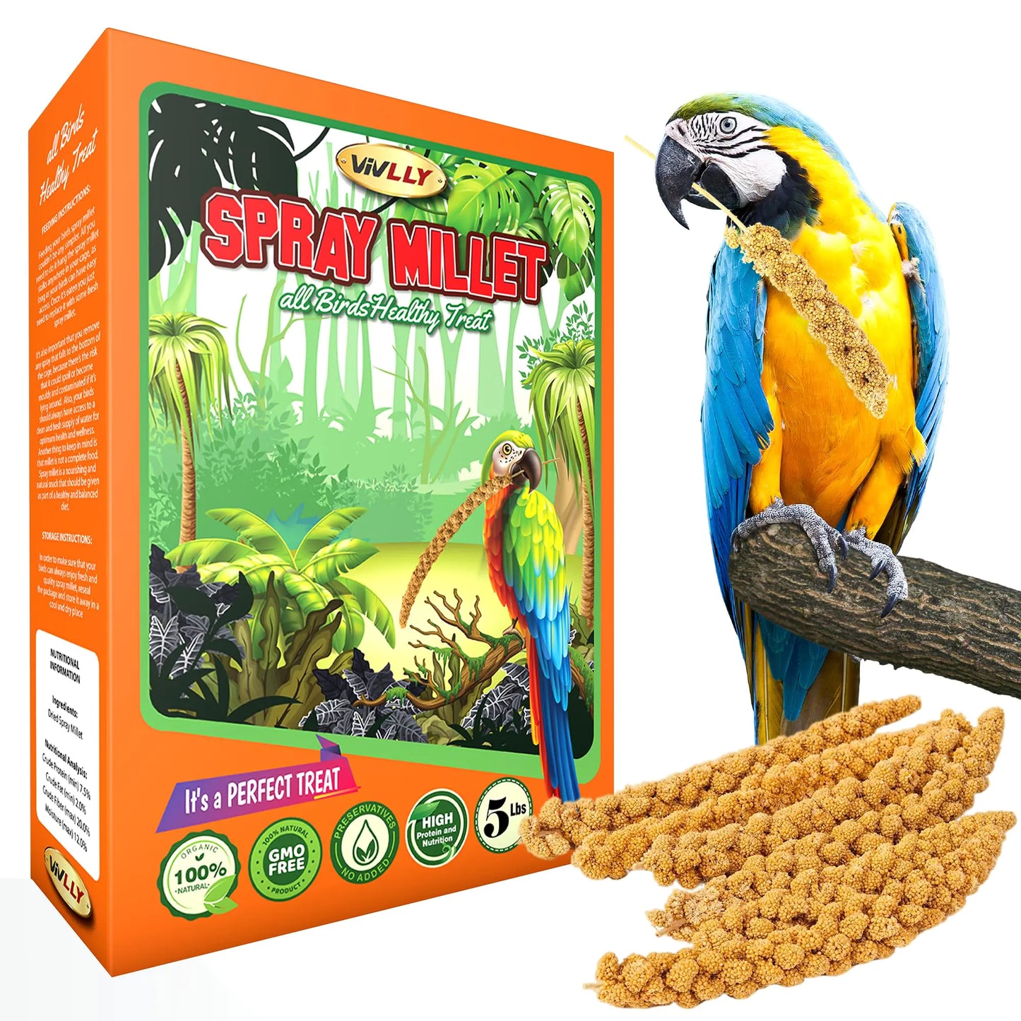 5 lbs of GMO-Free Sun-Dried Spray Millet - Natural Bird Treat for Parakeets Cockatiels Finches and More - Non-GMO Rich in Amino Acids Convenient Storage Delicious & Healthy Bird Snacks (5 lbs)