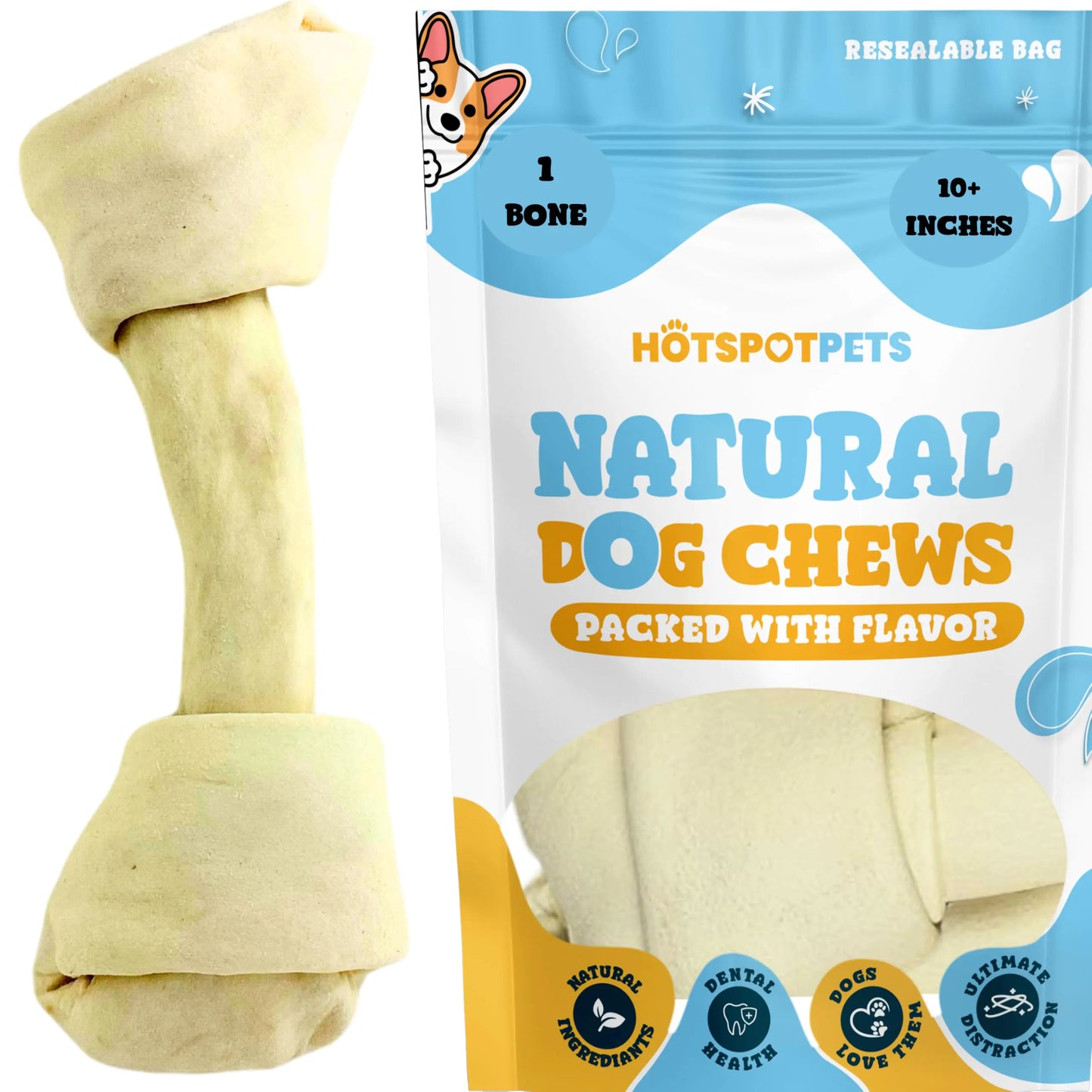 hotspot pets 10 Inch Large Rawhide Dog Chew Bones - Made from Grass Fed Cows - Long Lasting Dog Chews Great for Dental & Oral Care - Dog Bones for Aggressive Chewers & Large Dogs (10 Inch - 1 Count)