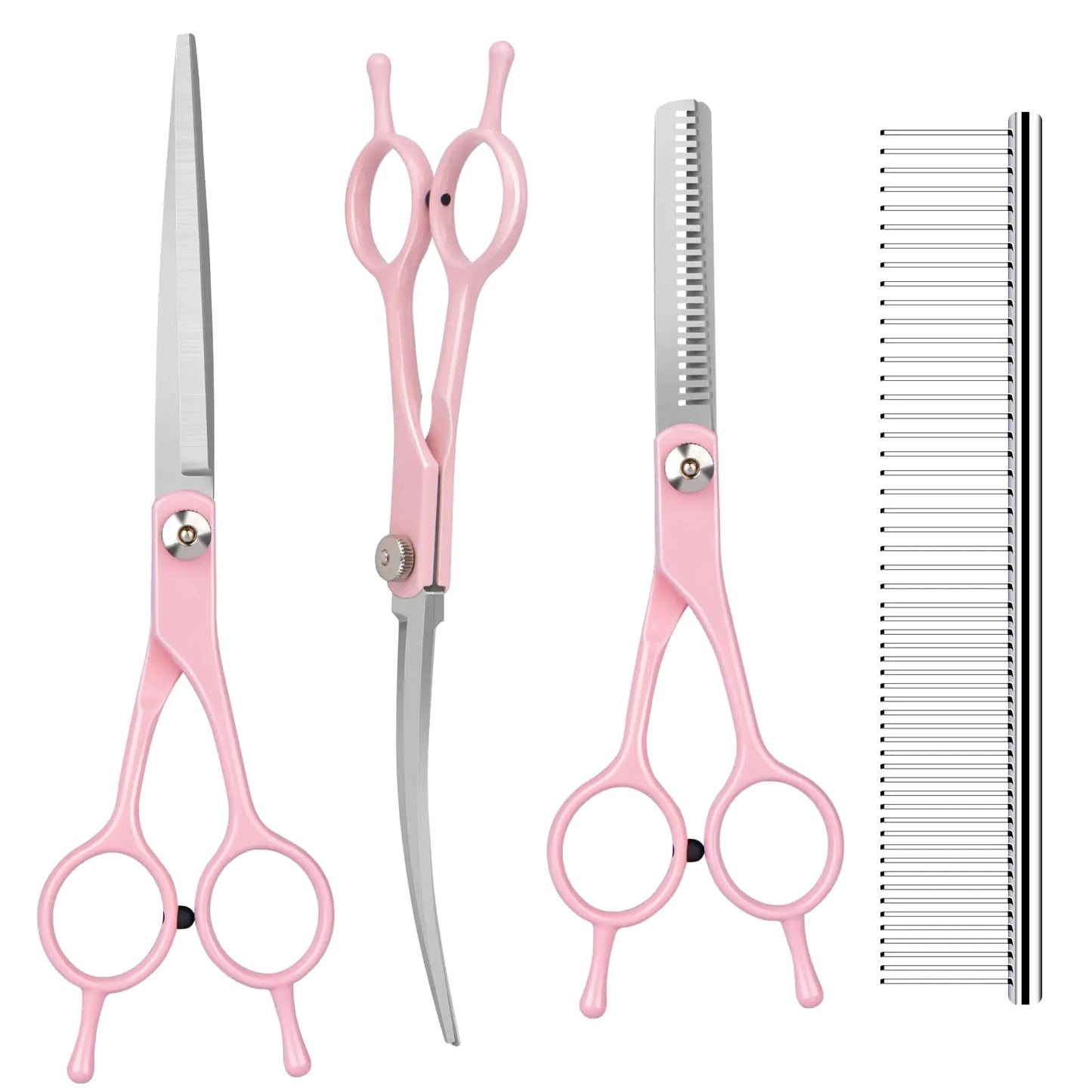 TIUIRE Dog Cat Grooming Scissors KitPet Grooming scissors SetDog Scissors for GroomingIncude ThinningStraightCurved Grooming Scissors and Comb for dogs cats.