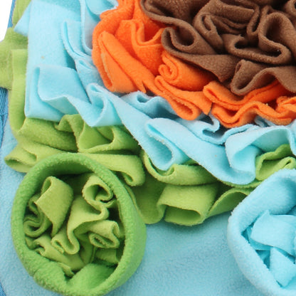 colorful snuffle mat in blue, green, orange, and brown colors