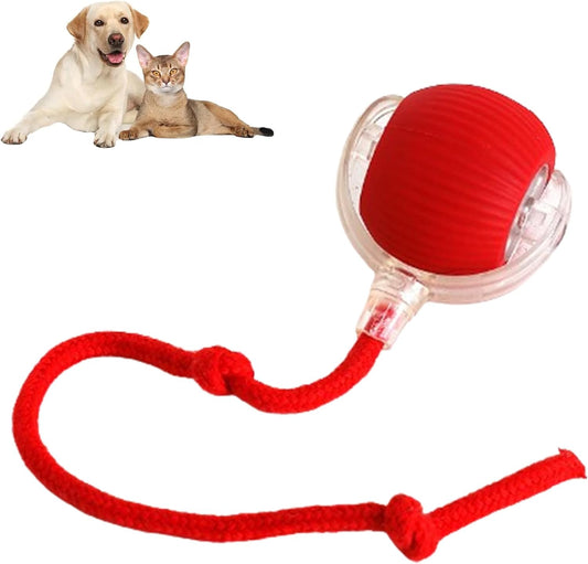 Red pet toy ball with a rope featuring a dog and cat on a white background.