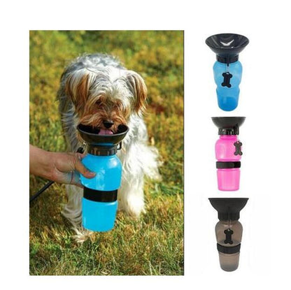 Pet water bottle with a dog drinking from it, shown in three color options.