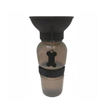 Pet water bottle with black lid and holder on a white background