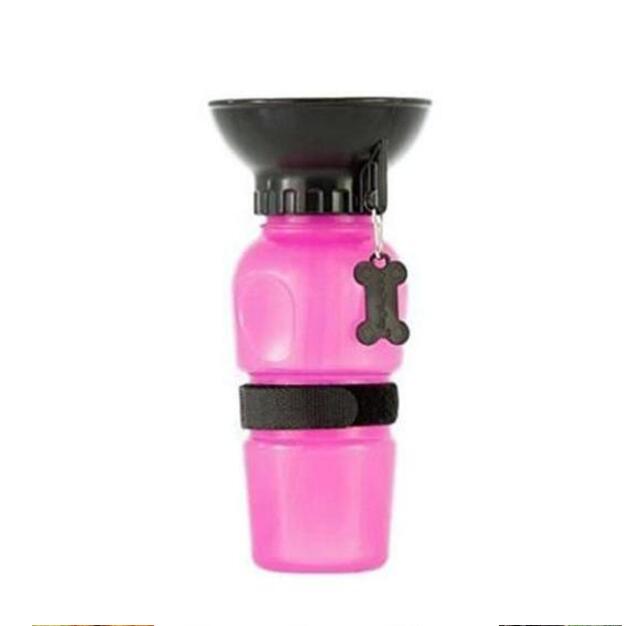 Pink pet water bottle with black lid and strap on a white background