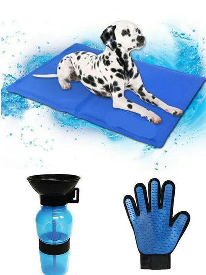 Dog cooling mat, water bottle, and grooming glove on a white background
