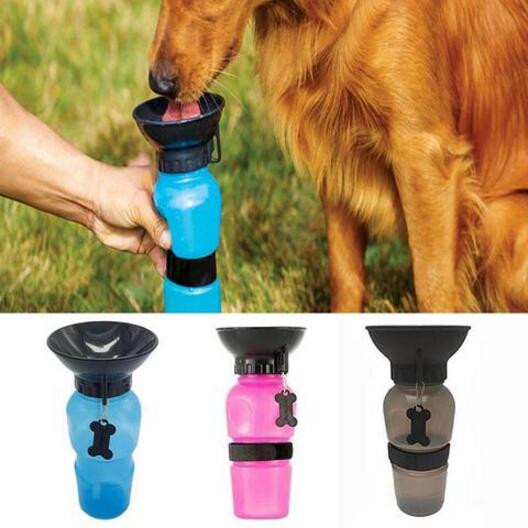 Dog drinking from a blue water bottle with a funnel, followed by images of the bottle in different colors.