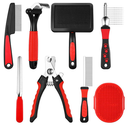 Baderke 8 Pcs Pet Grooming Care Kit Including Dematting Comb Detangling Brush Rake Comb Tooth Comb Pin Comb Bath Brush Nail Clipper and Nail File for Removing Knot and Hair from Dog Cat