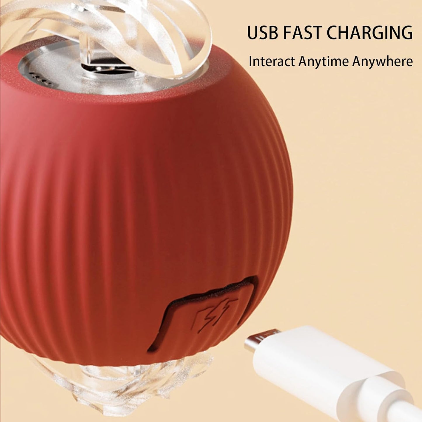 Red portable pet toy with USB cable on a beige background, featuring text about USB fast charging.