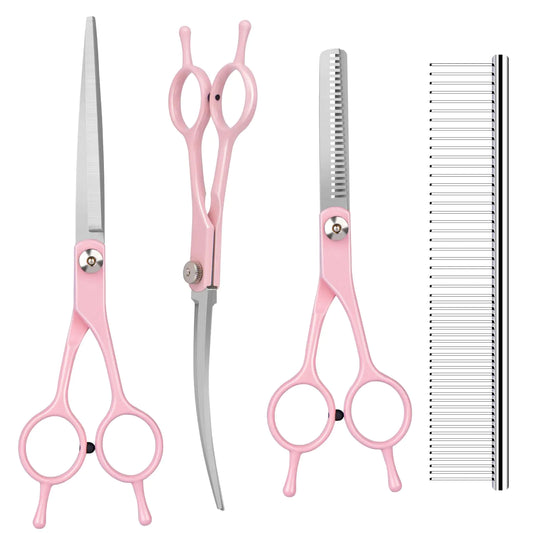 TIUIRE Dog Cat Grooming Scissors KitPet Grooming scissors SetDog Scissors for GroomingIncude ThinningStraightCurved Grooming Scissors and Comb for dogs cats.