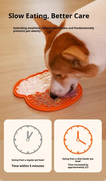 Dog eating from an orange pet licking mat with text about slow eating and better care.