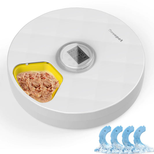 Devopet Automatic Cat Feeder Wet Food 6 Meals Cordless Automatic Pet Feeder Cat Food Dispenser with 4 Ice Packs Dry & Wet Food Auto Feeder Feeding Station for Cats and Dogs