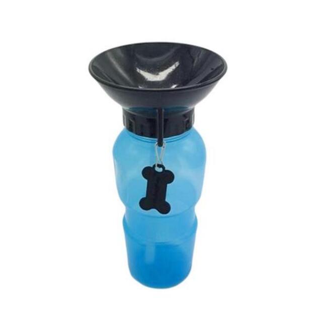 Blue pet water bottle with black lid on a white background