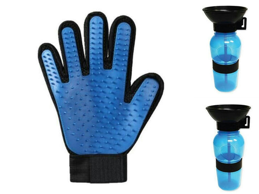 Blue grooming glove and two blue water bottles with black nozzles on a white background