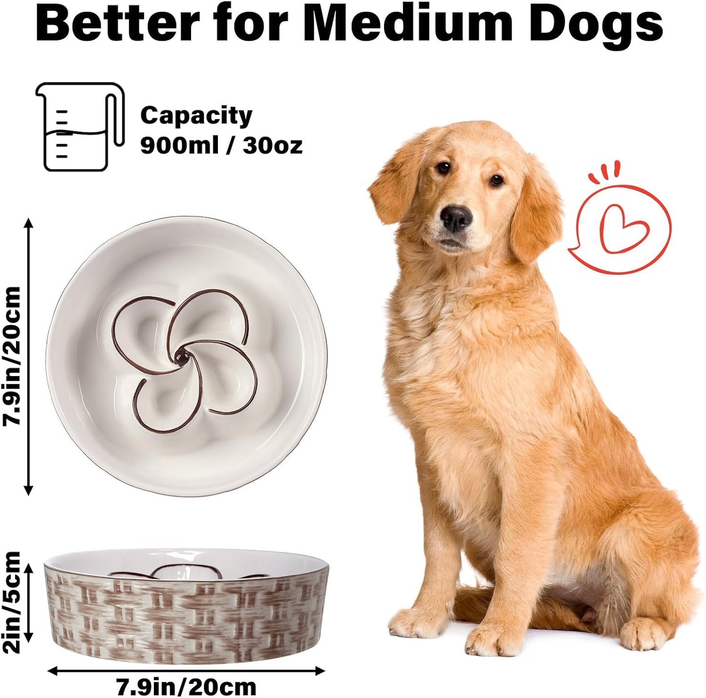 Dog bowl with measurements and a medium-sized dog, suitable for dogs of medium size.