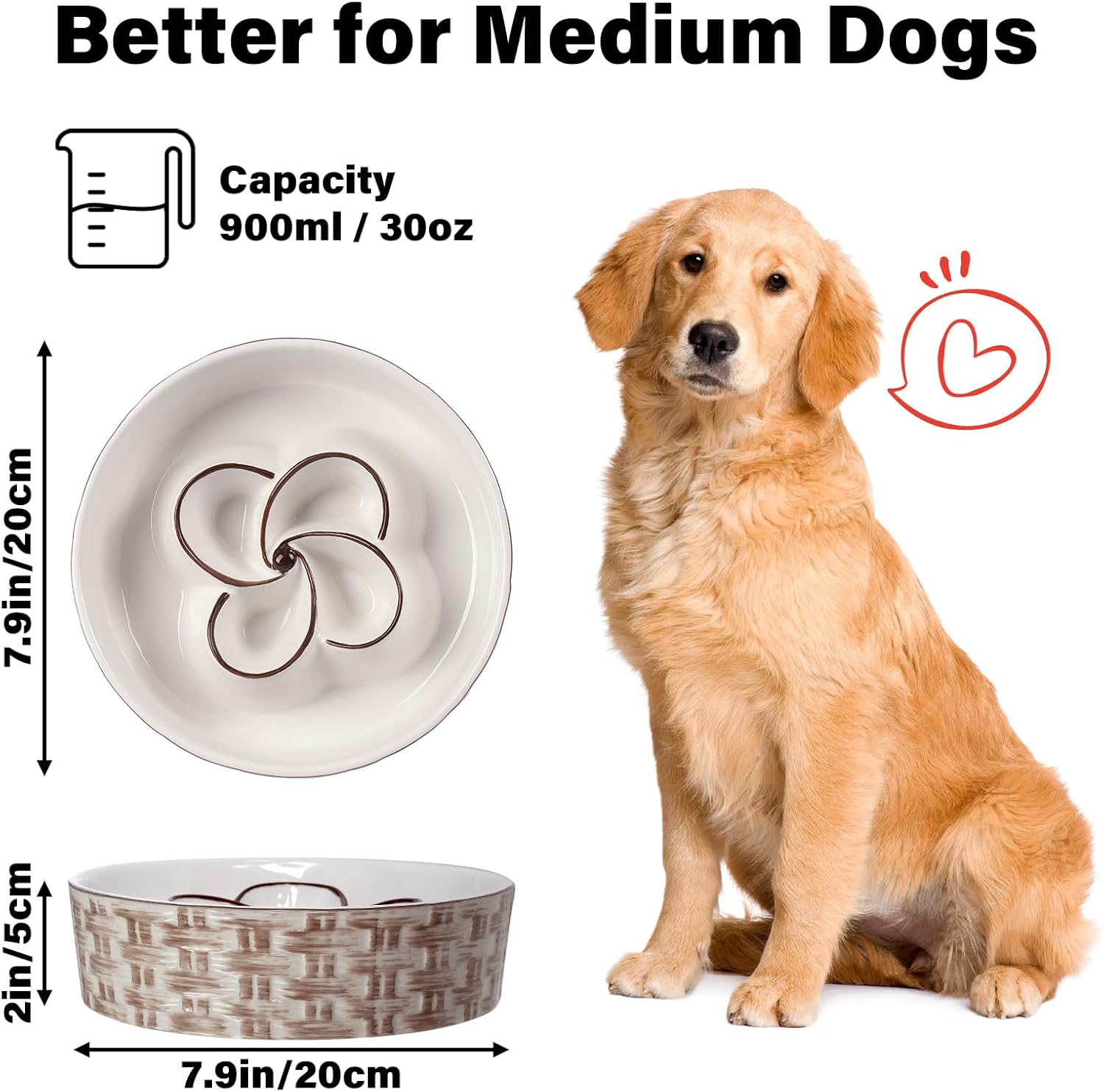 Dog bowl with measurements and a medium-sized dog, suitable for dogs of medium size.