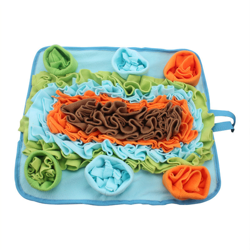Colorful fabric snuffle mat with ruffled edges on a white background