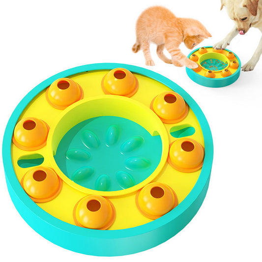 Colorful puzzle toy for pets with a cat and dog interacting with it.