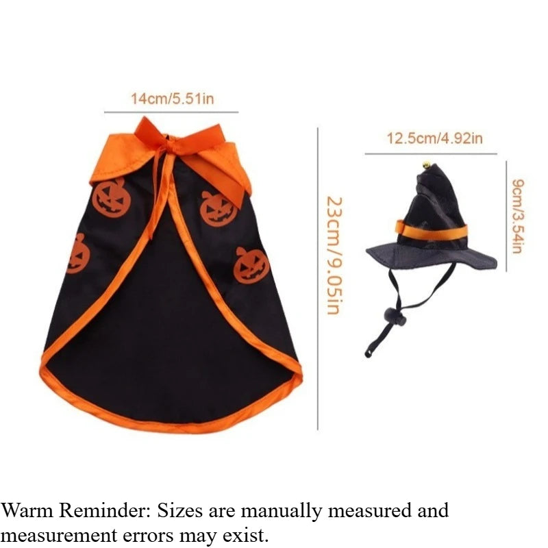 Pet Halloween Costume - Pumpkin Cloak and Wizard Hat for Small & Medium Dogs