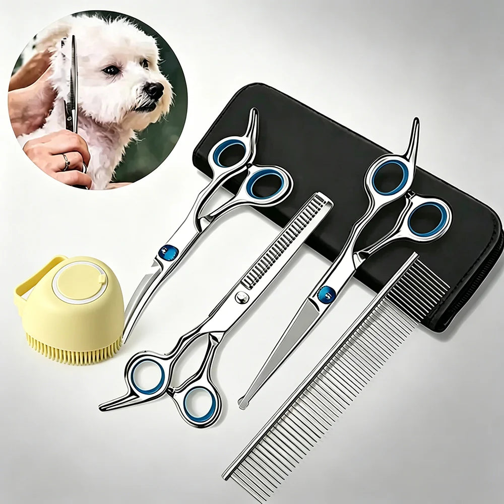 Pet Grooming Kit with Trimming Scissors - Stainless Steel Scissors and Shower Brush Set for Dogs & Cats