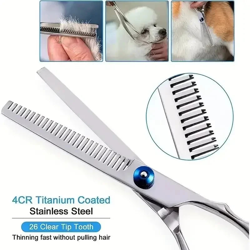 Pet Grooming Kit with Trimming Scissors - Stainless Steel Scissors and Shower Brush Set for Dogs & Cats