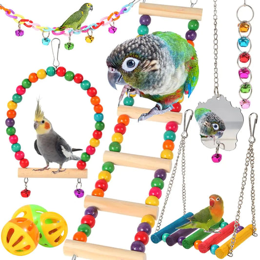 Bird Toys for Parakeets 9PcsBird Wooden Ladder Bridge Parrots Toys Budgie Toys Bird Cage AccessoriesSwing Hammock for ConureCockatielLove Birds Finches MynahBudgerigar