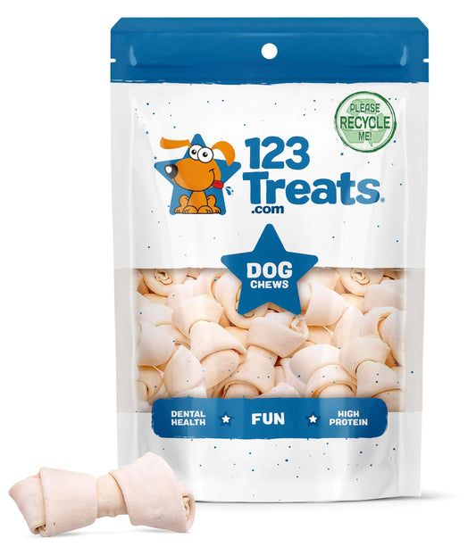 123 Treats | Rawhide Chews: Bones 3-4" (100 Count) Premium Rawhide Dog Bones | Free Range Grass Fed Cattle with No Hormones Additives or Chemicals.