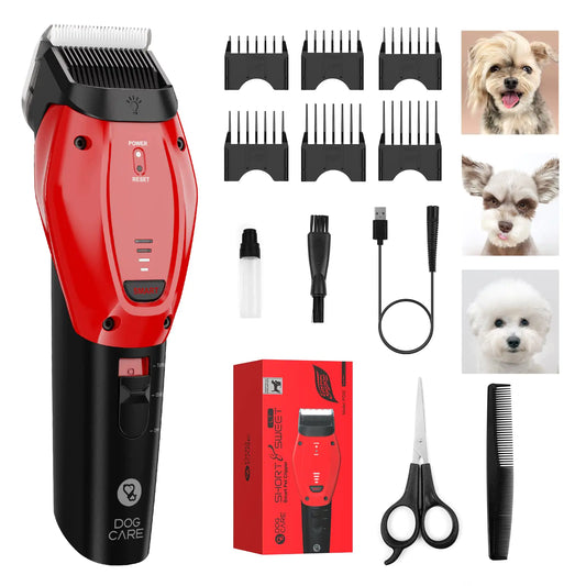 DOG CARE Dog Clippers for Grooming Unique Smart Mode Cordless Pet Grooming Kit with Rechargeable 180-mins Battery Low Noise Detachable Sharp Blade Auxiliary Light (Red)