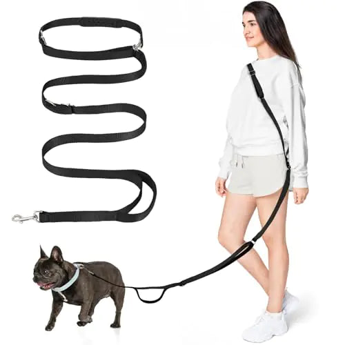 Tivray Hands Free Dog Leash with Sponge Handle 8.5ft Versatile Crossbody Waist Leash with 3 Rings for Puppy Small & Medium Dogs Easy Adjust Hands Free Leash for Running Jogging Walking Black