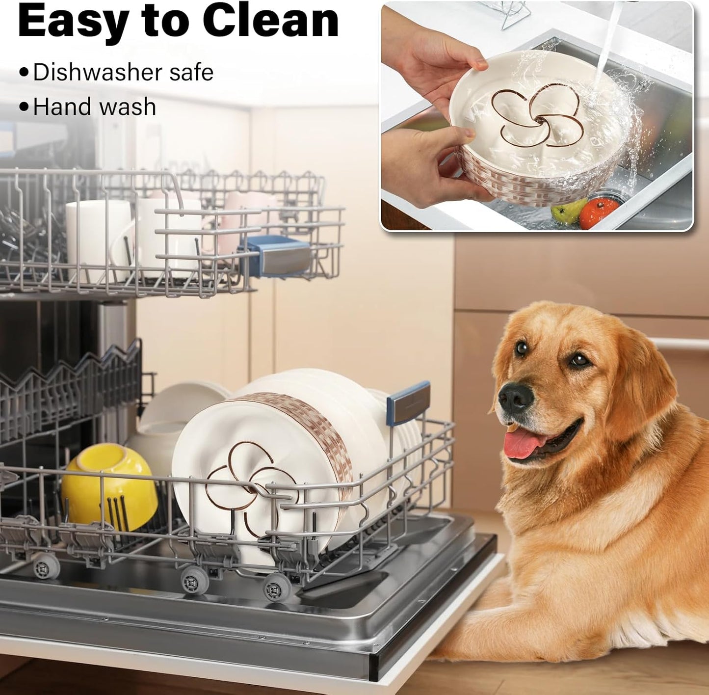 Dishwasher with clean dishes, hand washing a dish, and a dog sitting next to the dishwasher.