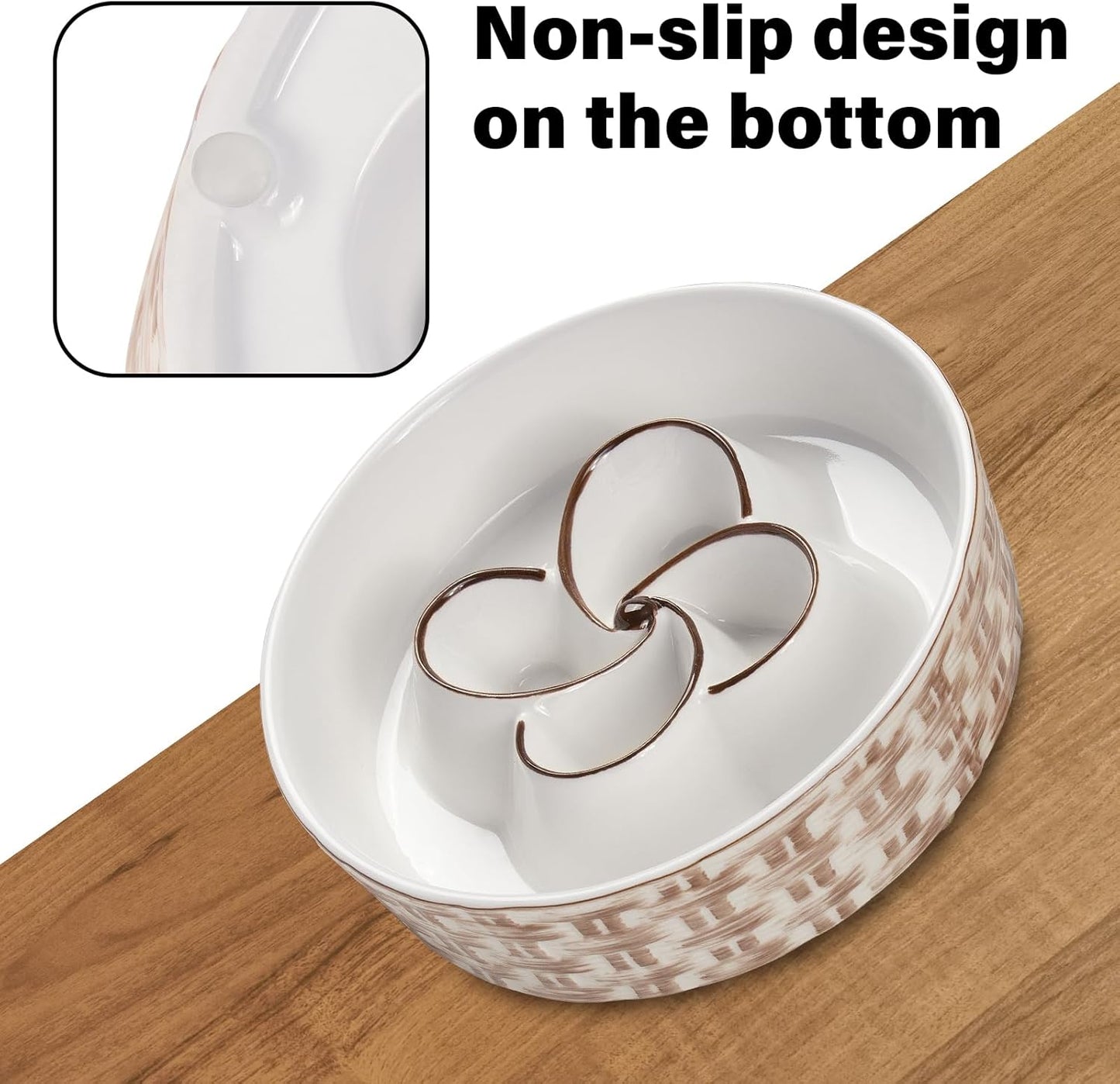 White pet bowl with brown patterns on a wooden surface, highlighting the non-slip design.