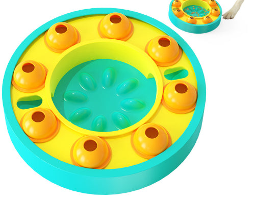 Colorful puzzle toy with yellow and blue design on a white background