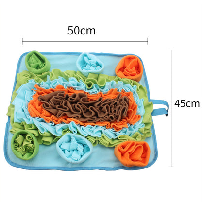 Colorful snuffle mat with dimensions on a white background
