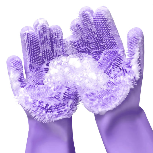 Silicone Dishwashing Gloves with Scrubber - 1 Pair Dish Gloves for Women Silicone Gloves Purple Cleaning Gloves with Bristles Silicone Dish Scrubber - Scrub Gloves Silicone Scrubber for Dishes