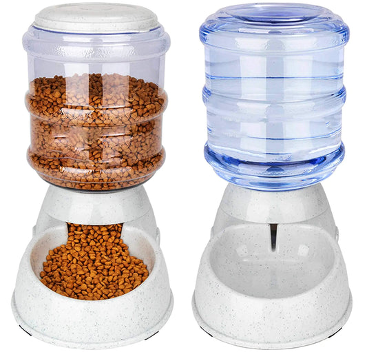 Old Tjikko Automatic Feeder and Water Dispenser in SetGravity Food Feeder and Waterer with Pet Food MatLarge 3 Gallonx 2 Gray (Water and Food Dispenser Set)