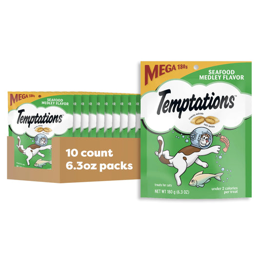 TEMPTATIONS Adult Cat Treats Seafood Medley Flavour 180g (10 Pack)