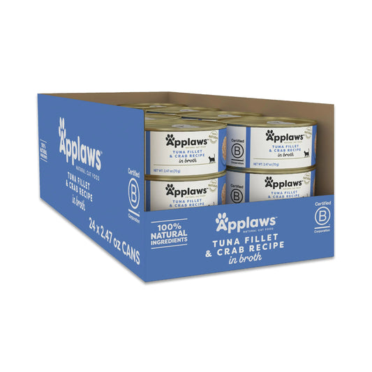 Applaws Natural Wet Cat Food in Broth Limited Ingredient Canned Wet Cat Food No Additives Made with Natural Ingredients Tuna Fillet & Crab in Broth (24 x 2.47oz Cans)